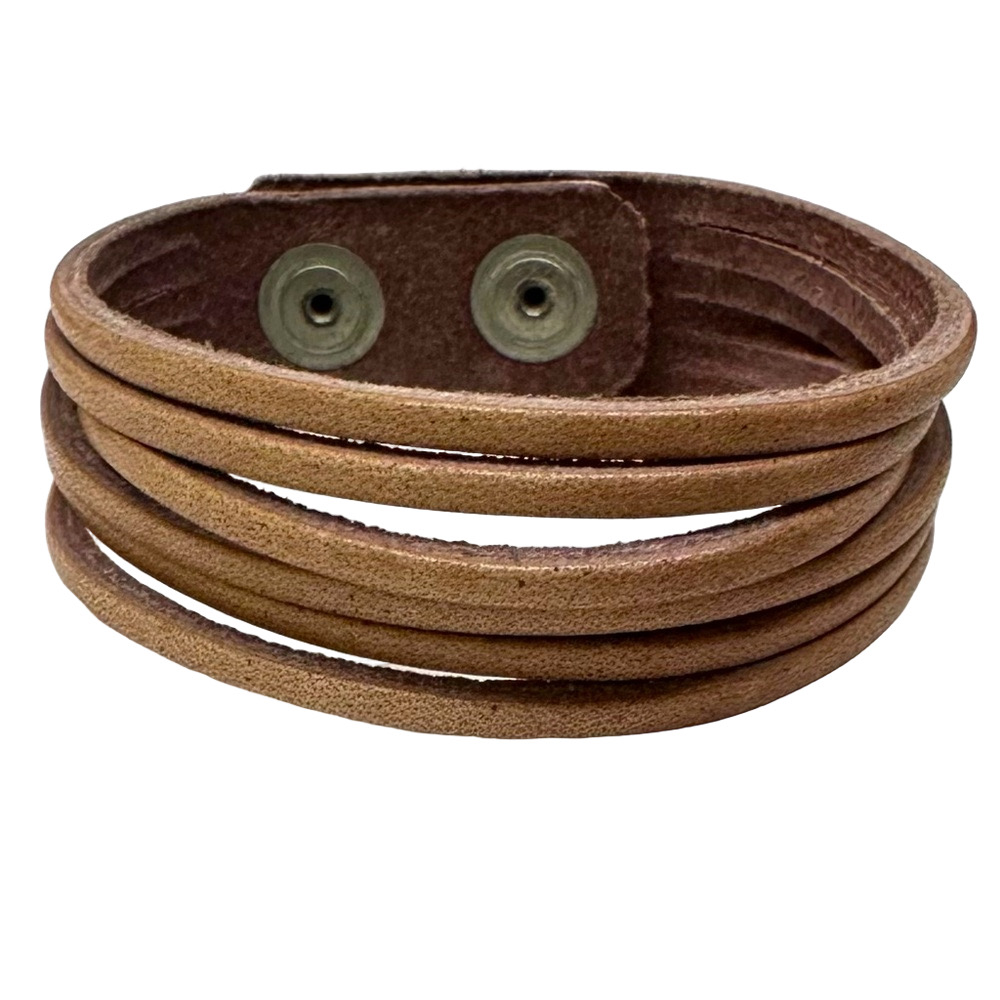 MADE IN ITALY Light Brown Leather Wrap Snap Cuff Bracelet Boho Festival - Sz 6.5